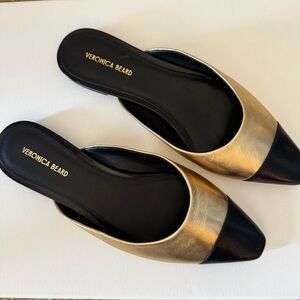 COPY - Veronica Beard Carlotta Gold Black Flat Leather Mule Slide cap toe size …